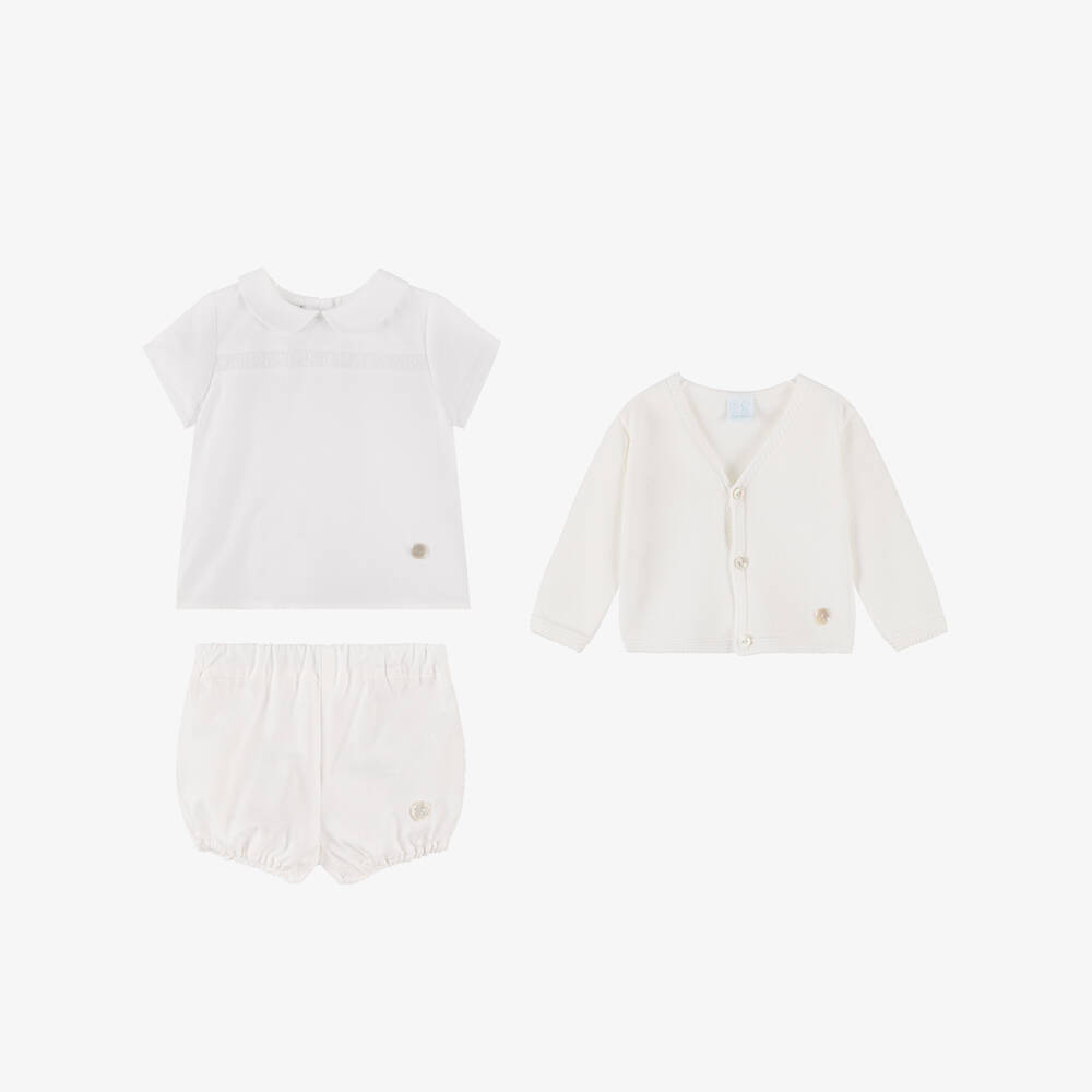 Artesanía Granlei-Baby Boys White Cardigan, Shirt & Shorts Set | Childrensalon Outlet