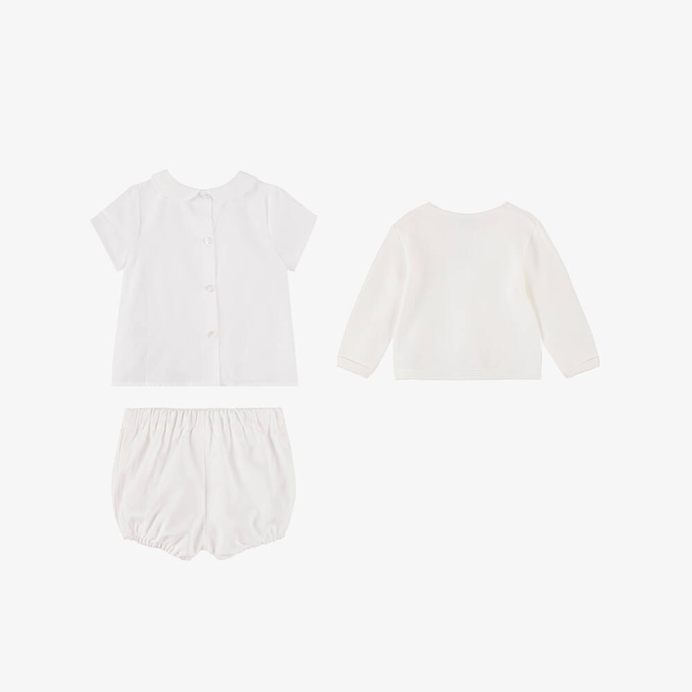 Artesanía Granlei-Baby Boys White Cardigan, Shirt & Shorts Set | Childrensalon Outlet