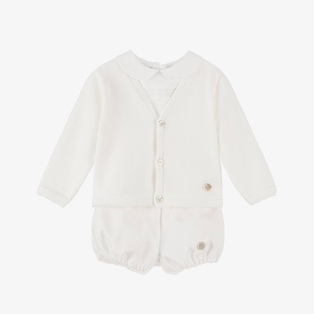 Artesanía Granlei-Baby Boys White Cardigan, Shirt & Shorts Set | Childrensalon Outlet