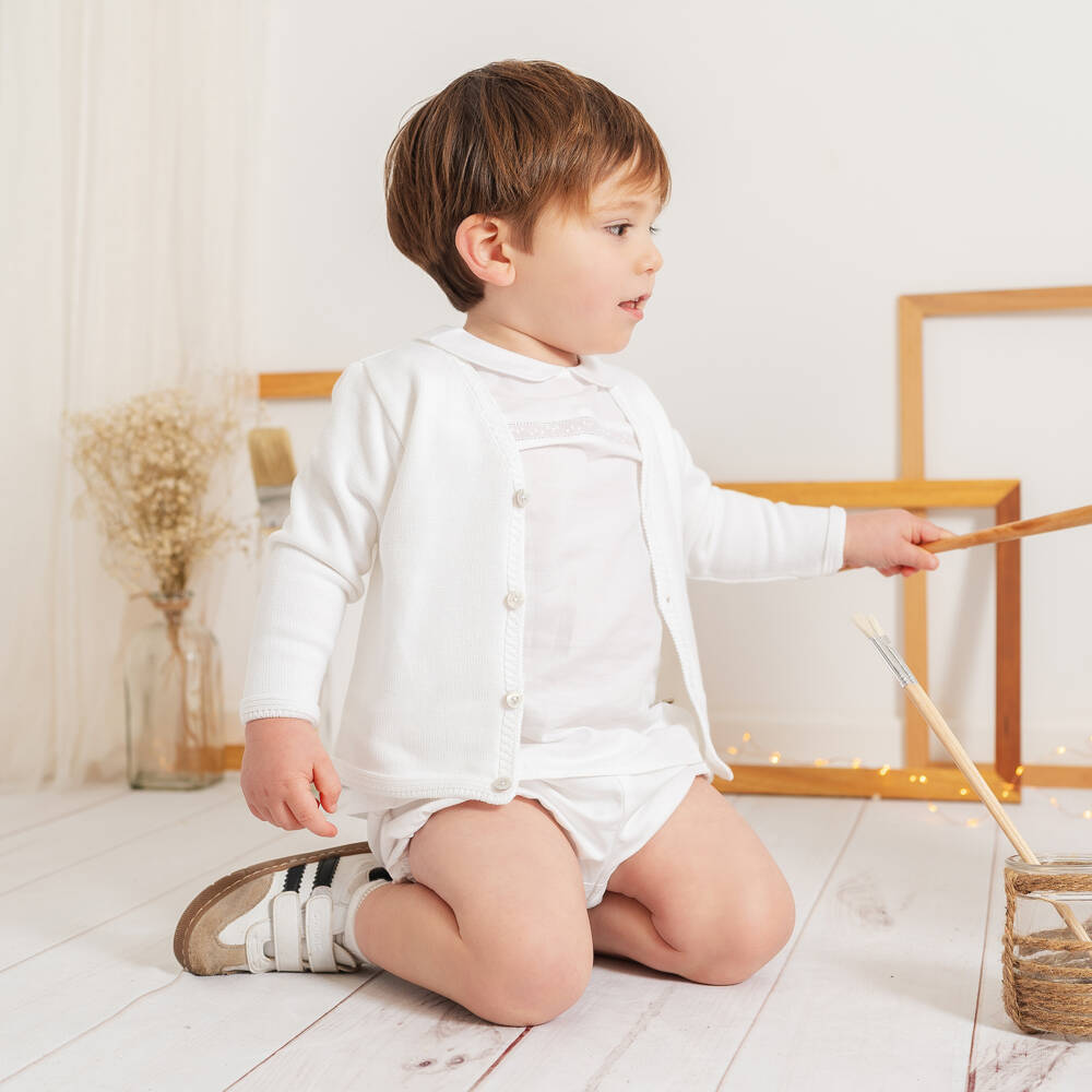 Artesanía Granlei-Baby Boys White Cardigan, Shirt & Shorts Set | Childrensalon Outlet