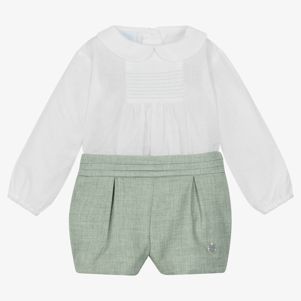 Artesanía Granlei - Baby Boys White & Green Cotton Shorts Set | Childrensalon