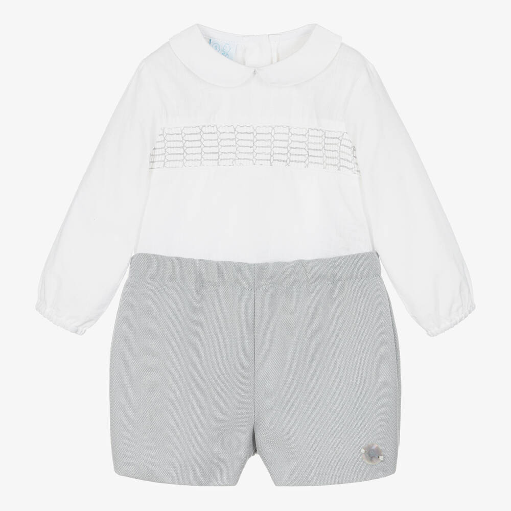 Artesanía Granlei - Baby Boys White & Grey Shorts Set | Childrensalon