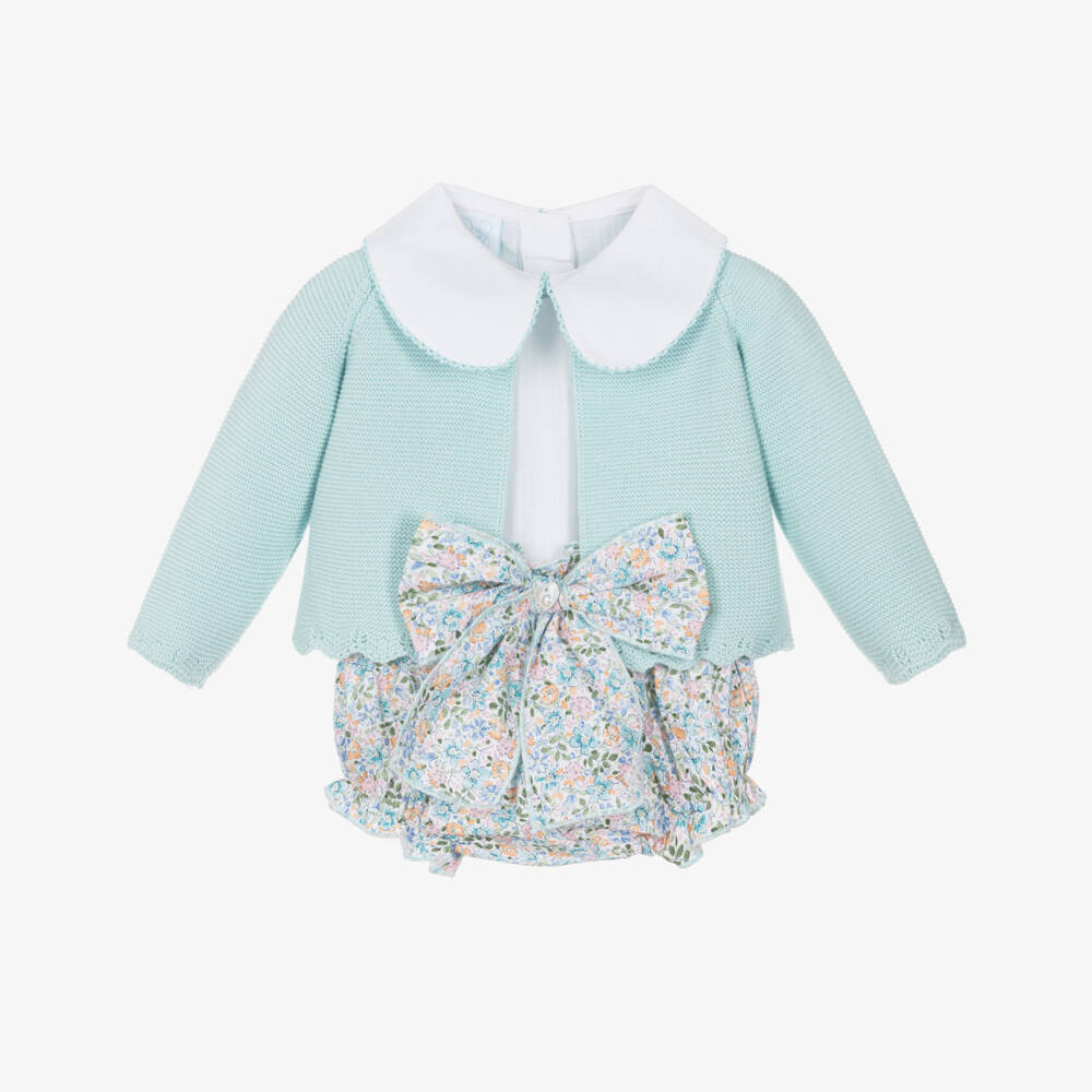 Artesanía Granlei-Baby Girls Aqua Green Cardigan & Floral Shorts Set | Childrensalon Outlet