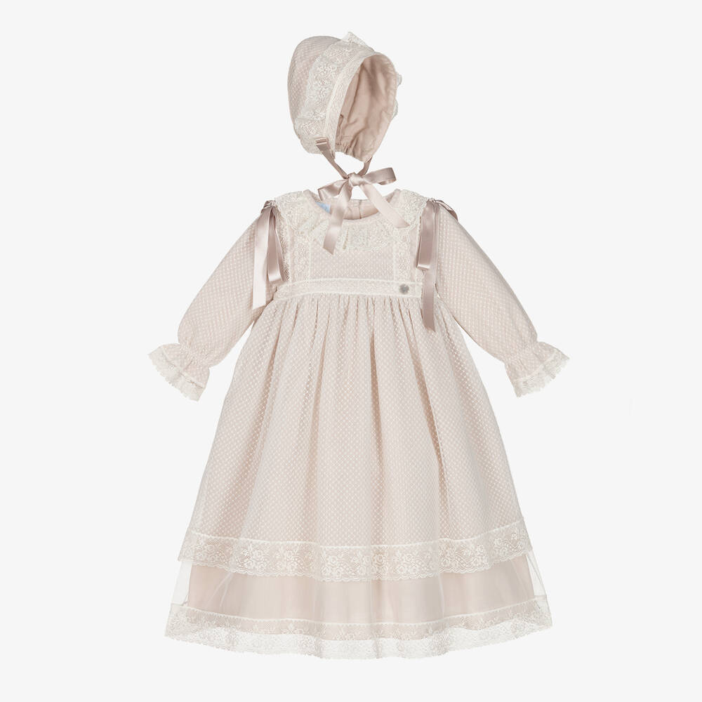 Artesanía Granlei - طقم فستان مراسم قطن ودانتيل لون بيج للمولودات | Childrensalon