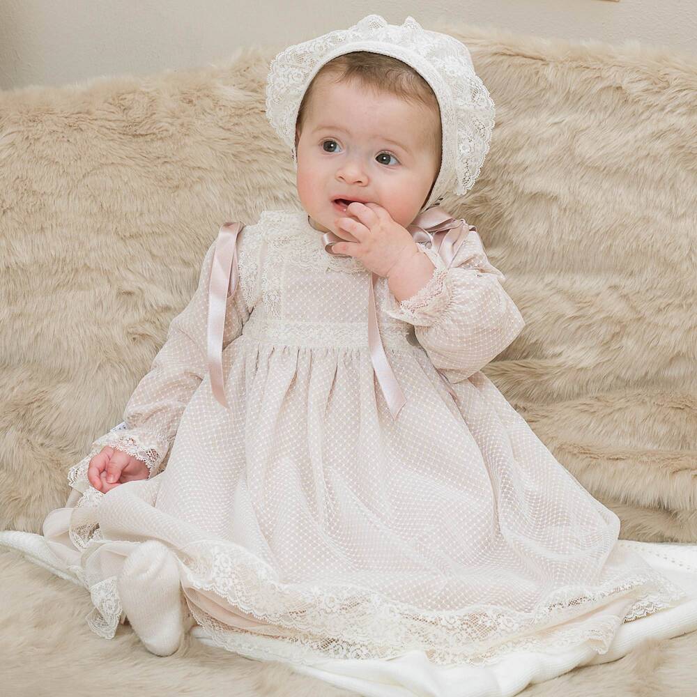 Artesania Granlei Baby Girls Beige Lace Ceremony Dress Set