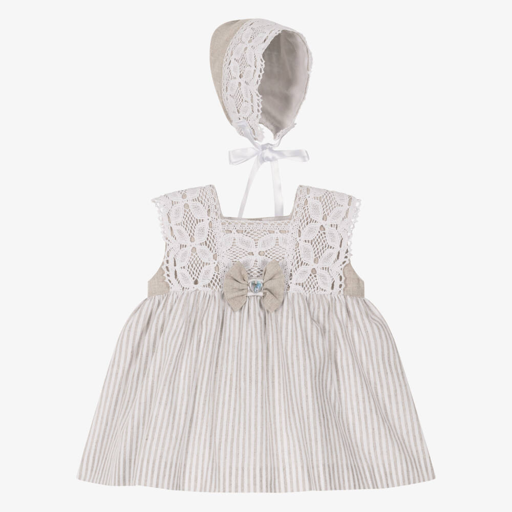 Artesanía Granlei-Baby Girls Beige Striped Dress Set with Lace | Childrensalon Outlet