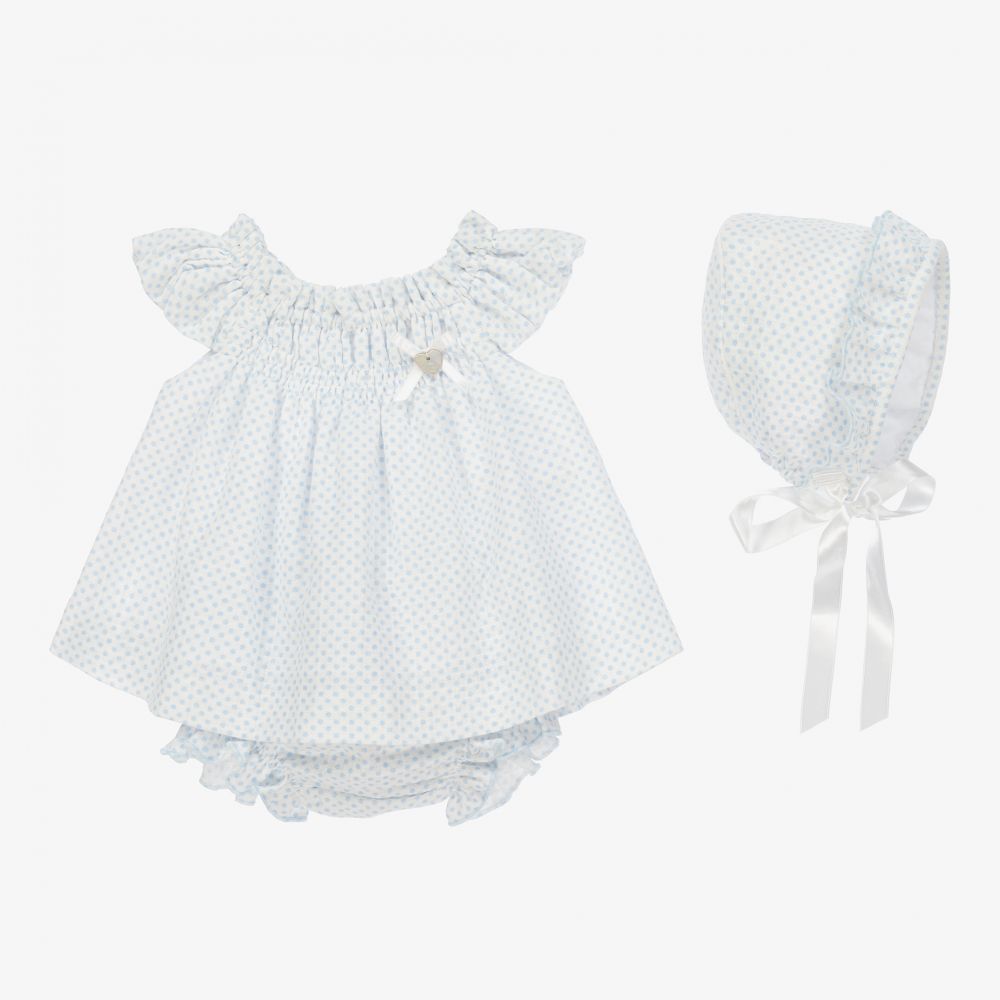 Artesanía Granlei - Blau gepunktetes Babykleid-Set (M) | Childrensalon