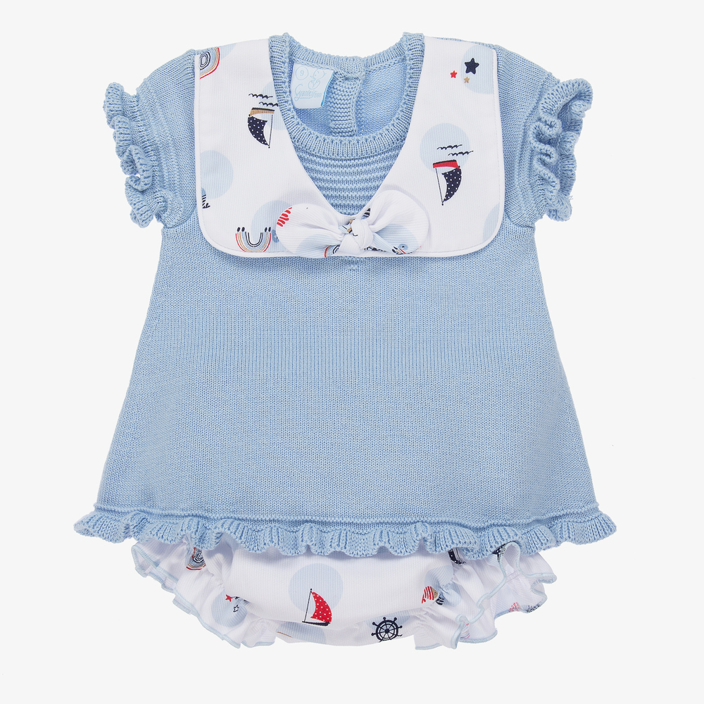 Artesanía Granlei - Голубое трикотажное платье и трусики для малышек | Childrensalon
