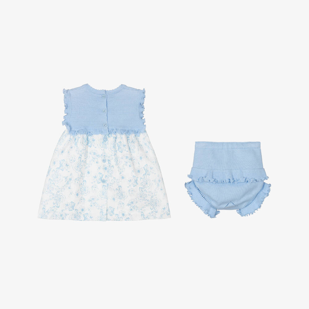 Artesanía Granlei-Baby Girls Blue Knitted & Floral Patterned Dress | Childrensalon Outlet