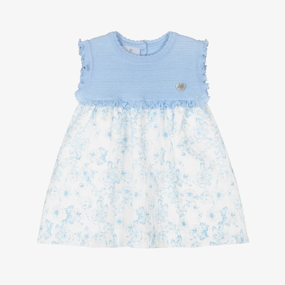Artesanía Granlei-Baby Girls Blue Knitted & Floral Patterned Dress | Childrensalon Outlet