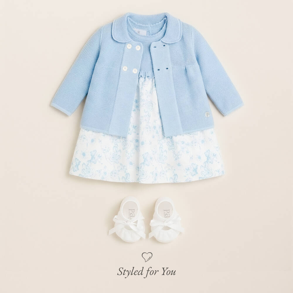 Artesanía Granlei-Baby Girls Blue Knitted & Floral Patterned Dress | Childrensalon Outlet