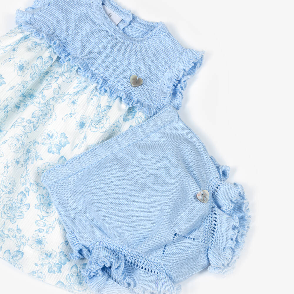 Artesanía Granlei-Baby Girls Blue Knitted & Floral Patterned Dress | Childrensalon Outlet