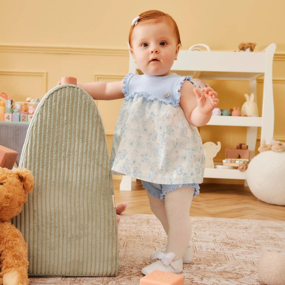 Artesanía Granlei-Baby Girls Blue Knitted & Floral Patterned Dress | Childrensalon Outlet