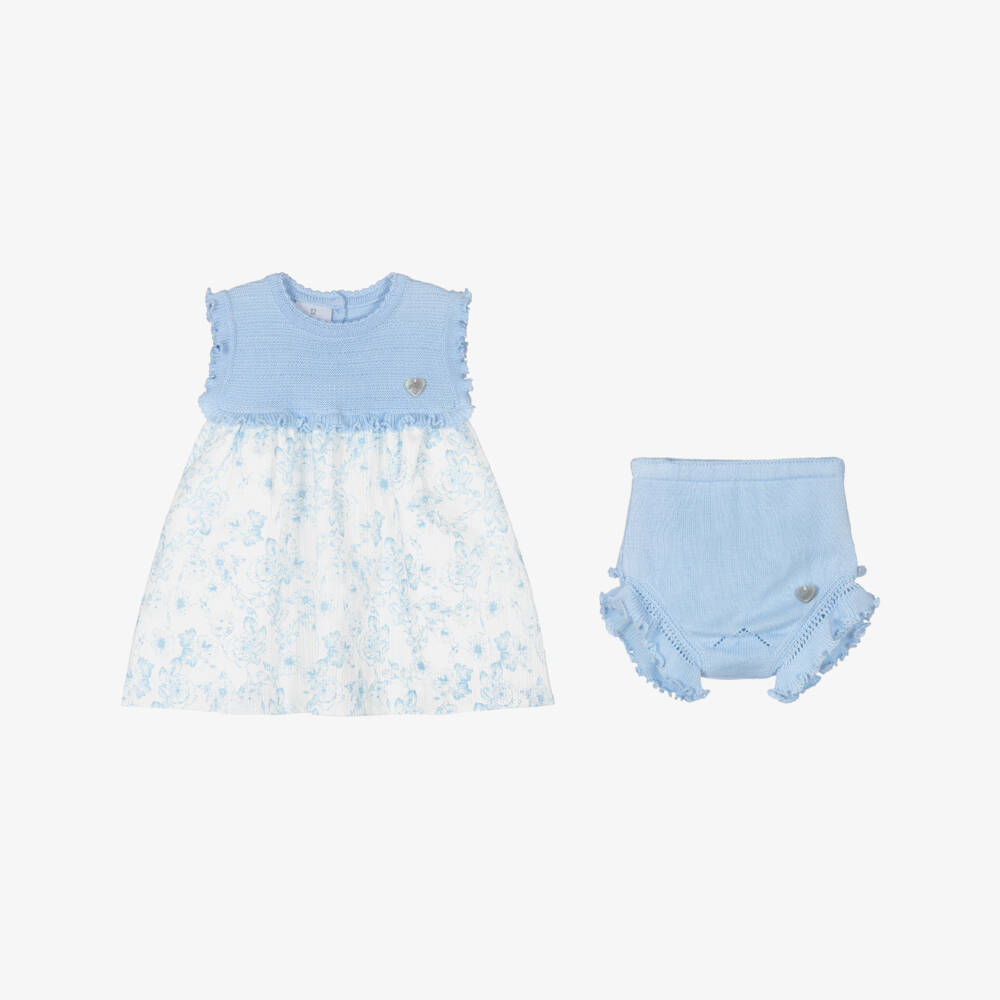 Artesanía Granlei-Baby Girls Blue Knitted & Floral Patterned Dress | Childrensalon Outlet