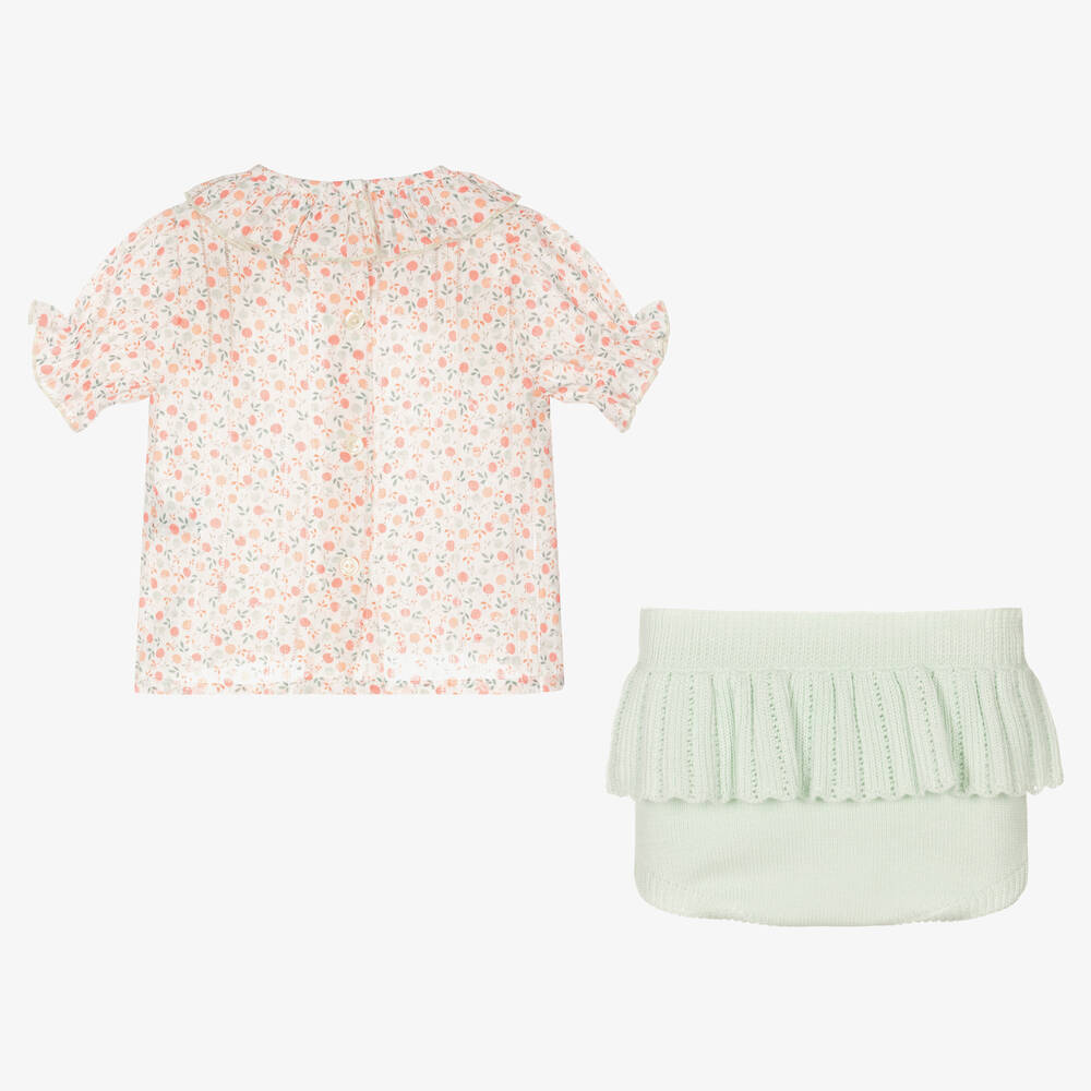 Artesanía Granlei-طقم شورت قطن لون أخضر نعناعي بطبعة ورود للمولودات | Childrensalon Outlet