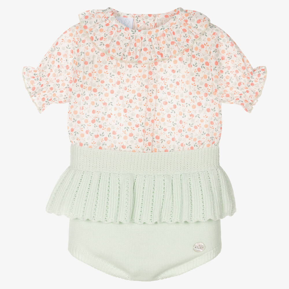 Artesanía Granlei - Baby Girls Green Cotton Shorts Set | Childrensalon