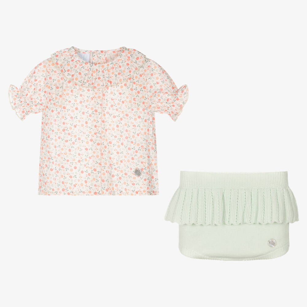 Artesanía Granlei-طقم شورت قطن لون أخضر نعناعي بطبعة ورود للمولودات | Childrensalon Outlet