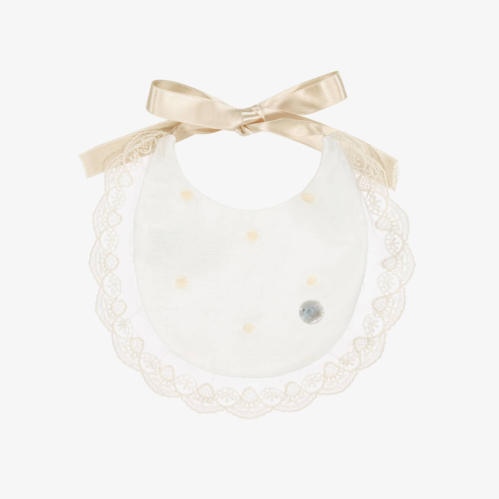 Artesanía Granlei-Baby Girls Ivory Bib with Lace Trim & Satin Ribbon Ties | Childrensalon Outlet