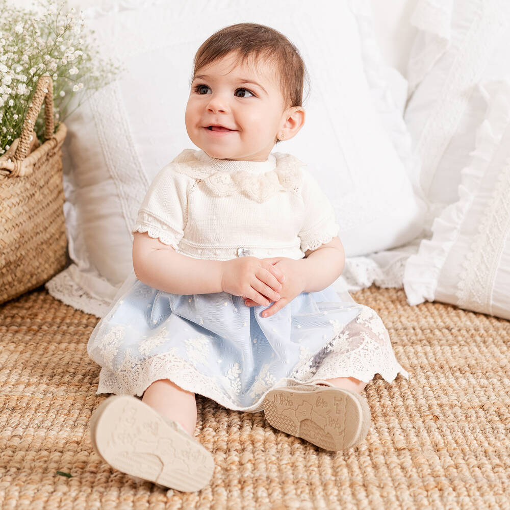 Artesanía Granlei-Baby Girls Ivory & Blue Embroidered Tulle Dress | Childrensalon Outlet