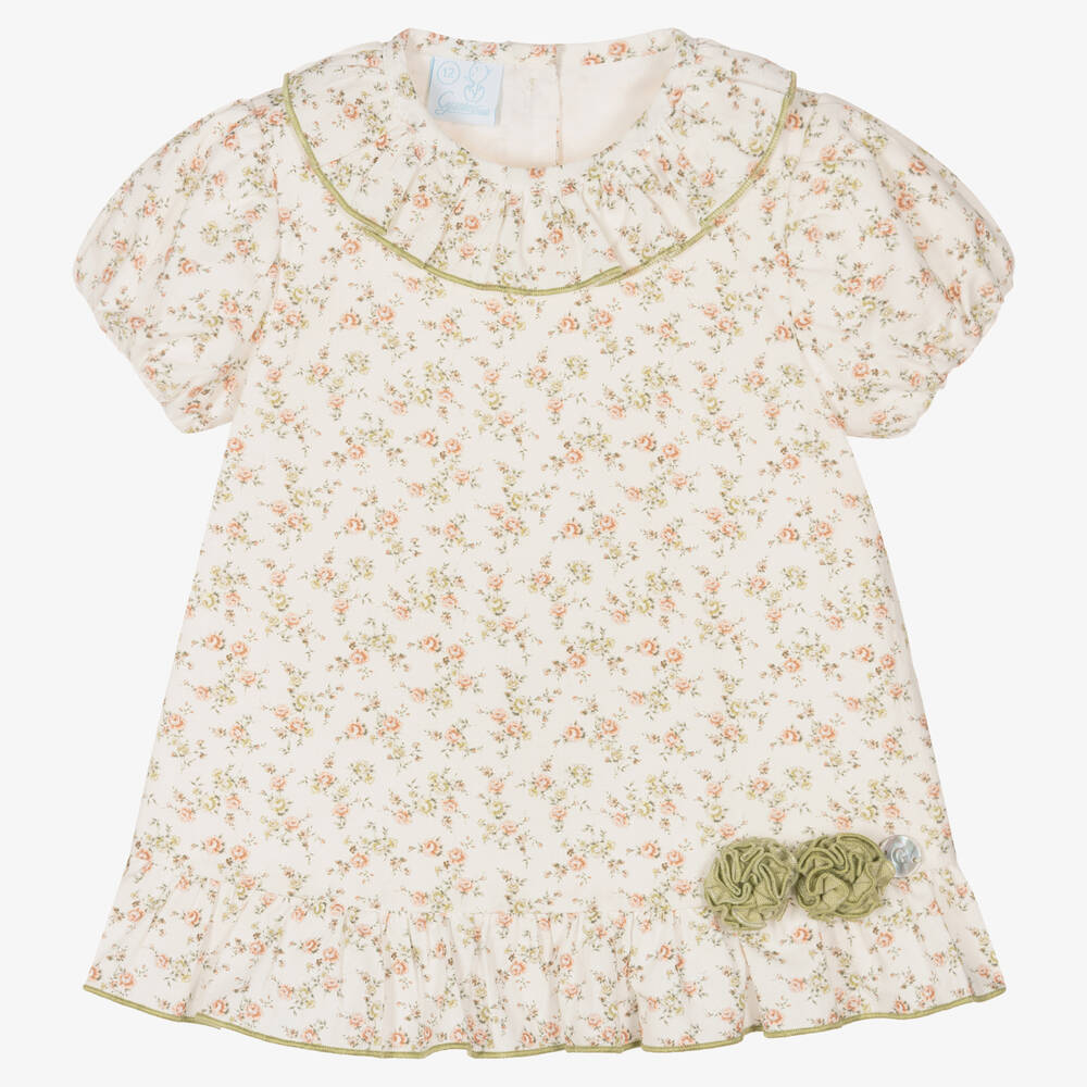 Artesanía Granlei-فستان قطن فوال لون عاجي بطبعة ورود للمولودات | Childrensalon Outlet