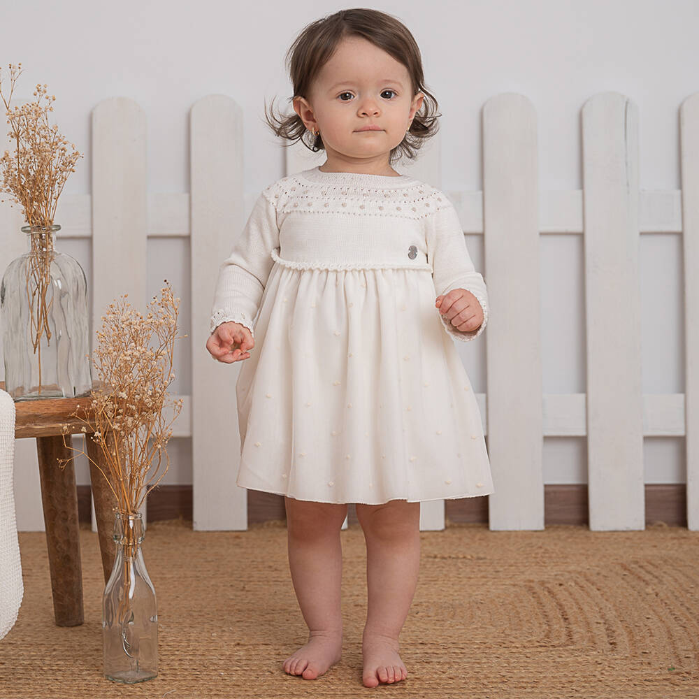 Artesania Granlei Baby Girls Ivory Knit Tulle Dress