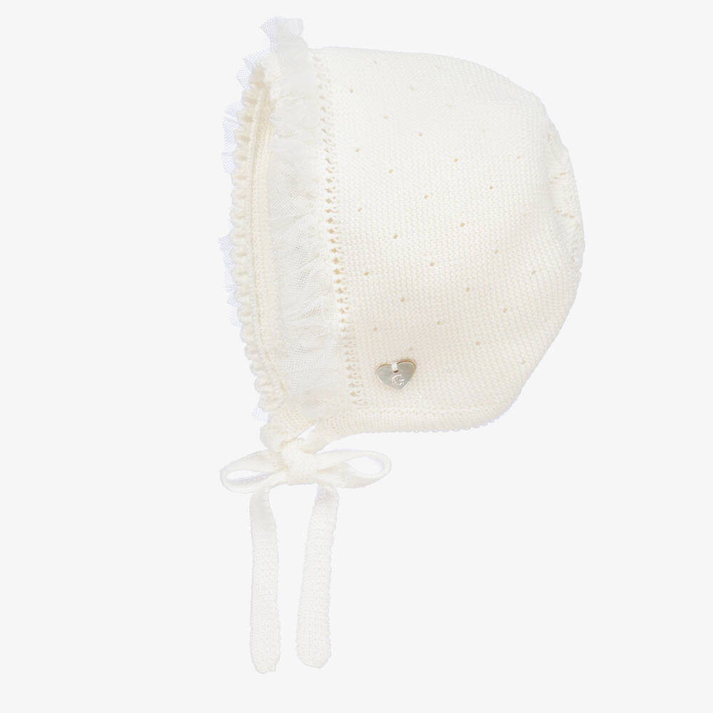 Artesanía Granlei-Baby Girls Ivory Knit & Tulle Trim Bonnet | Childrensalon Outlet