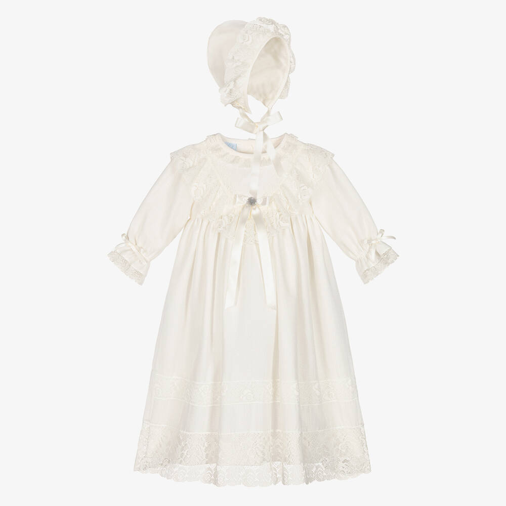 Artesanía Granlei - Кремовое крестильное платье и чепчик из тюля с кружевом | Childrensalon