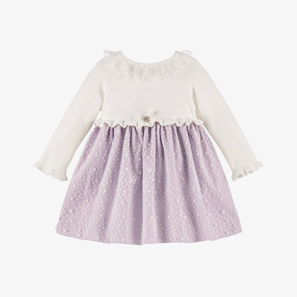 Artesanía Granlei-Baby Girls Ivory & Lilac Dress with Starry Tulle Overlay | Childrensalon Outlet