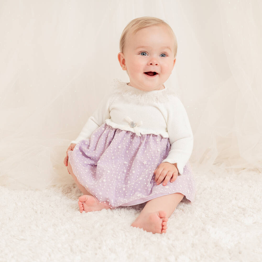 Artesanía Granlei-Baby Girls Ivory & Lilac Dress with Starry Tulle Overlay | Childrensalon Outlet