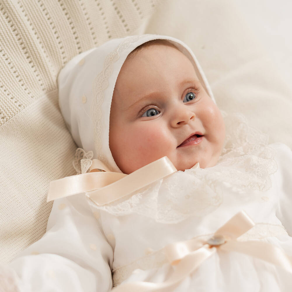 Artesanía Granlei-Baby Girls Ivory Organza & Lace Bonnet | Childrensalon Outlet