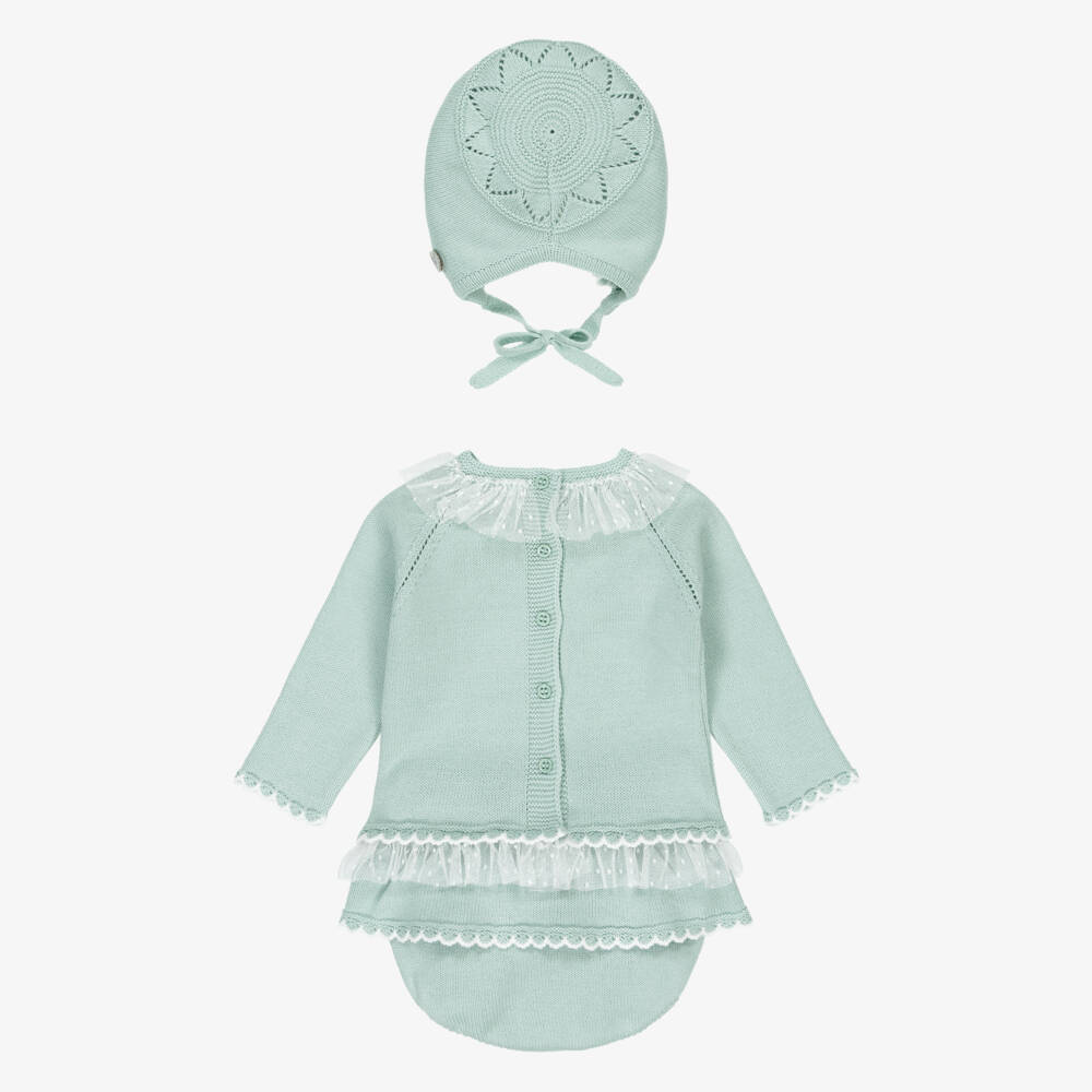 Artesanía Granlei-Baby Girls Mint Green Knitted Shorts Set with Ruffles | Childrensalon Outlet
