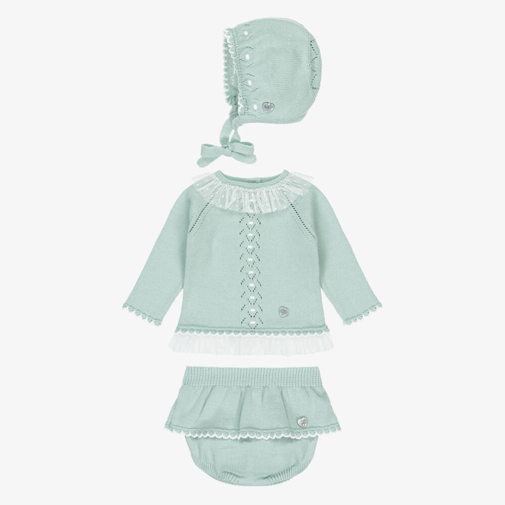 Artesanía Granlei-Baby Girls Mint Green Knitted Shorts Set with Ruffles | Childrensalon Outlet