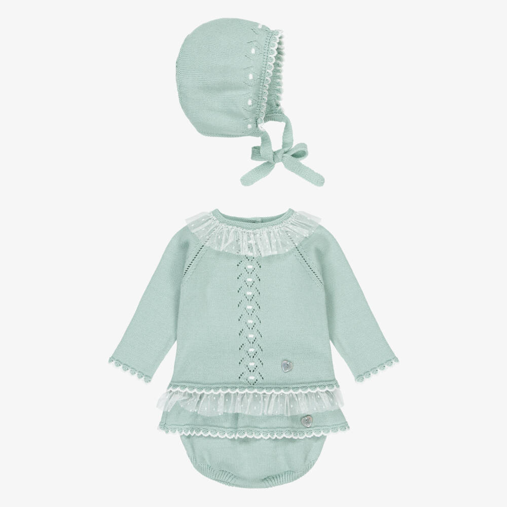 Artesanía Granlei-Baby Girls Mint Green Knitted Shorts Set with Ruffles | Childrensalon Outlet