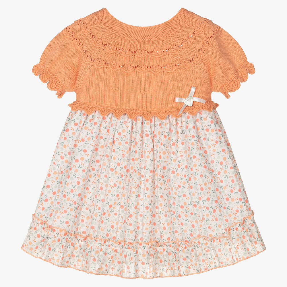 Artesanía Granlei - Orange geblümtes Baby-Strickkleid  | Childrensalon