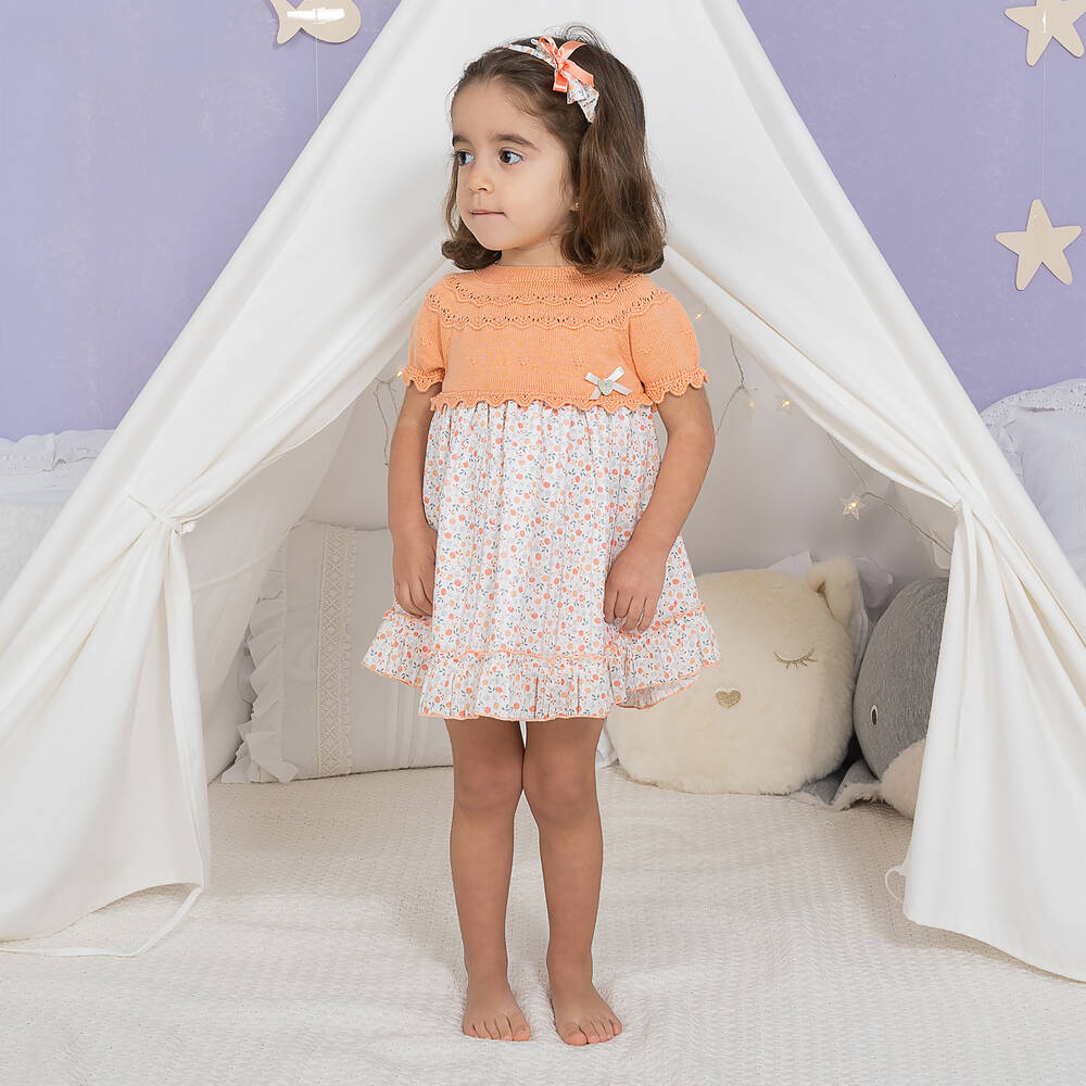 Artesanía Granlei-Baby Girls Orange Cotton Floral Knit Dress  | Childrensalon Outlet