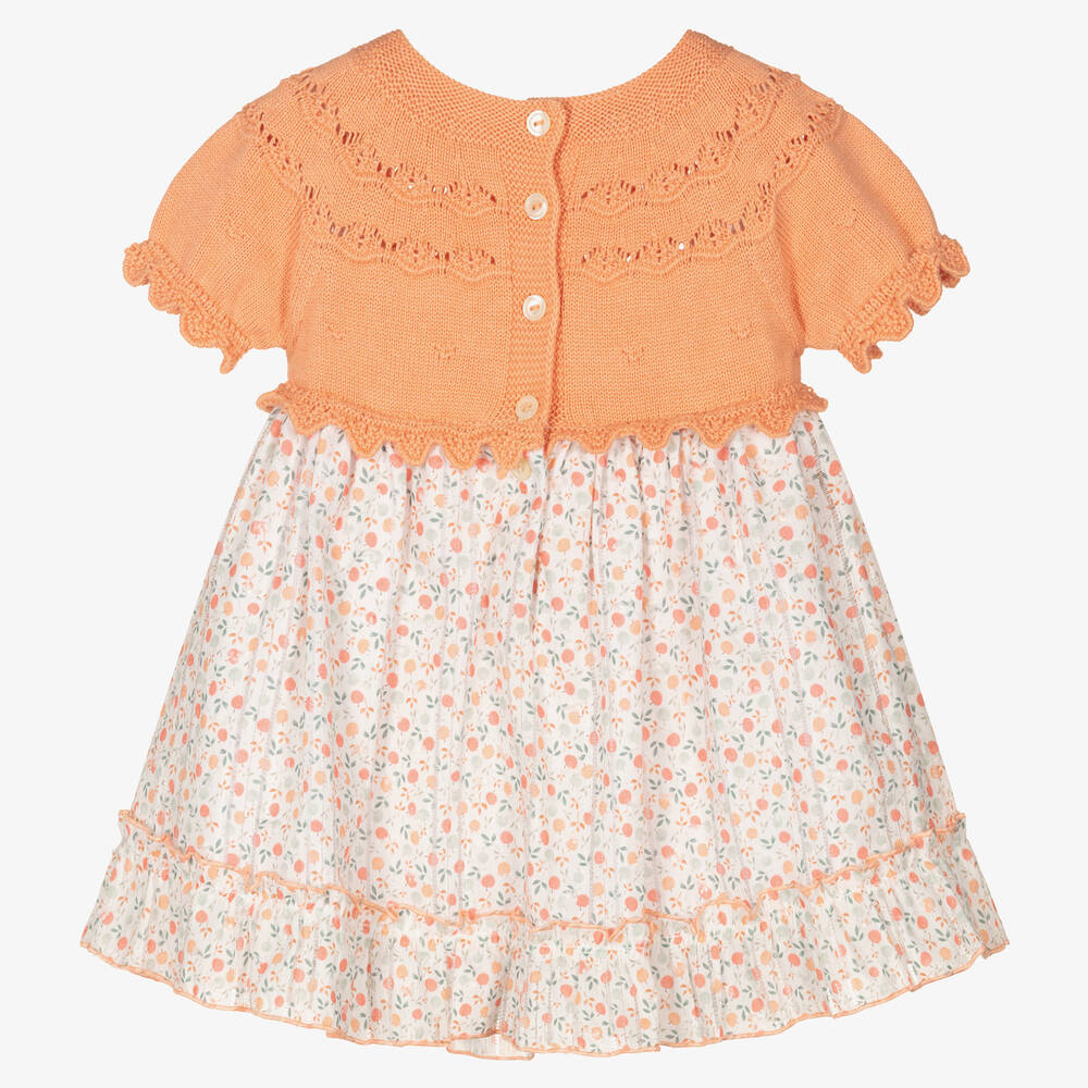 Artesanía Granlei-Baby Girls Orange Cotton Floral Knit Dress  | Childrensalon Outlet