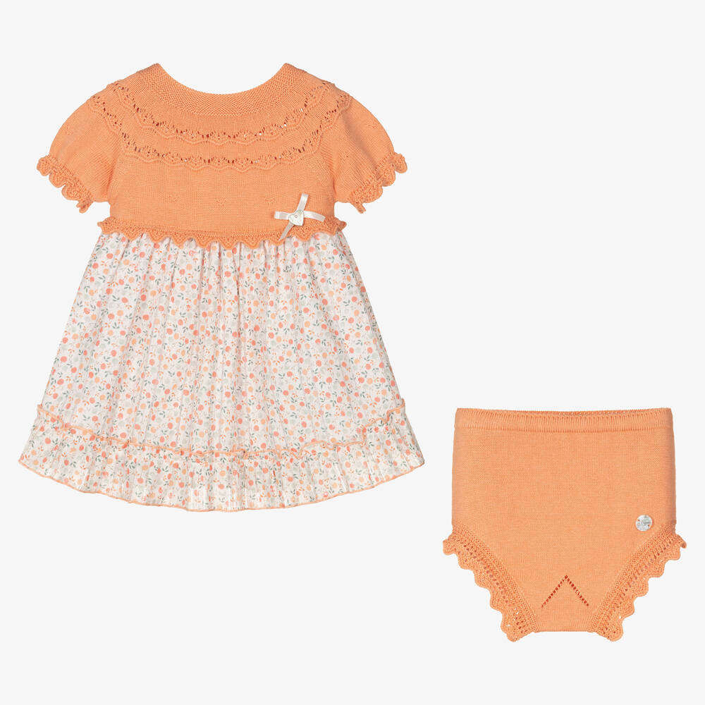 Artesanía Granlei-Baby Girls Orange Cotton Floral Knit Dress  | Childrensalon Outlet