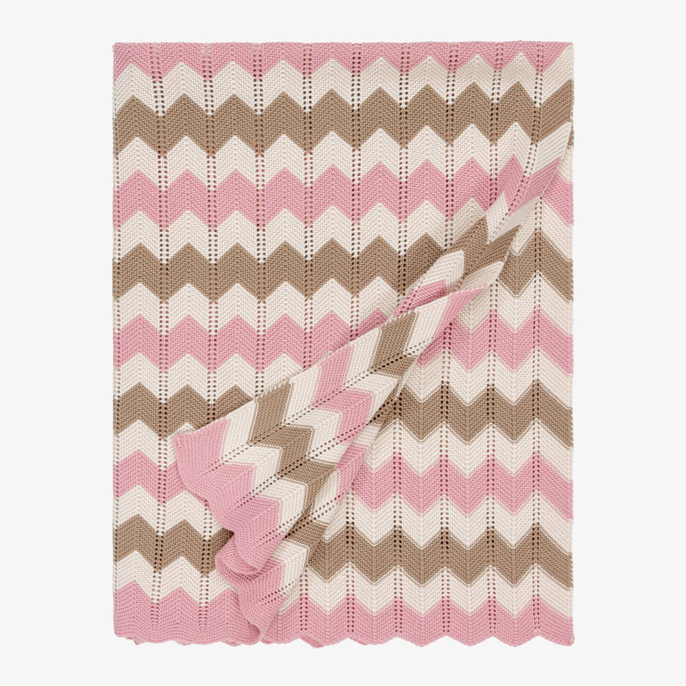 Artesanía Granlei-Baby Girls Pink & Beige Zigzag Knitted Blanket (108cm) | Childrensalon Outlet