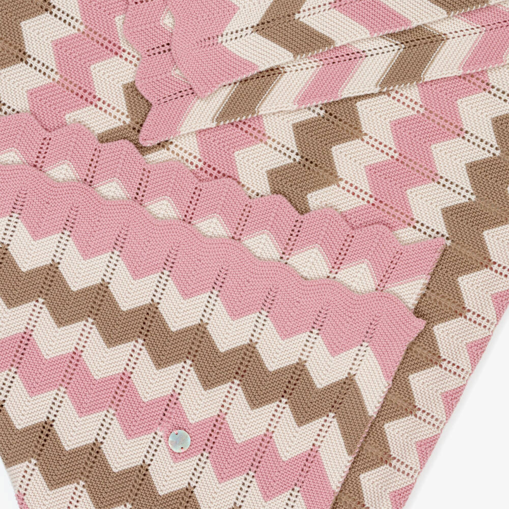 Artesanía Granlei-Baby Girls Pink & Beige Zigzag Knitted Blanket (108cm) | Childrensalon Outlet