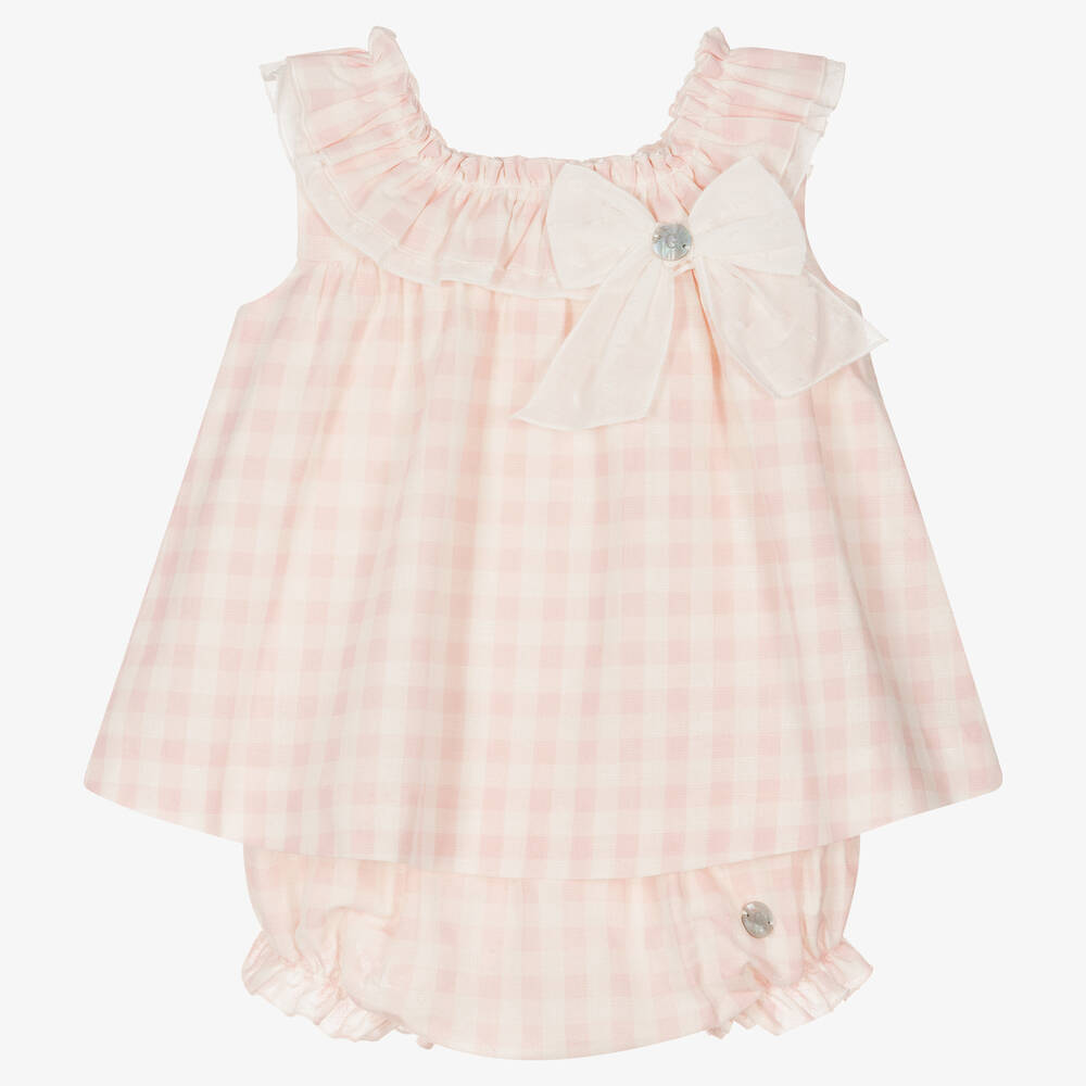 Artesanía Granlei - Baby Girls Pink Gingham Linen Dress  | Childrensalon