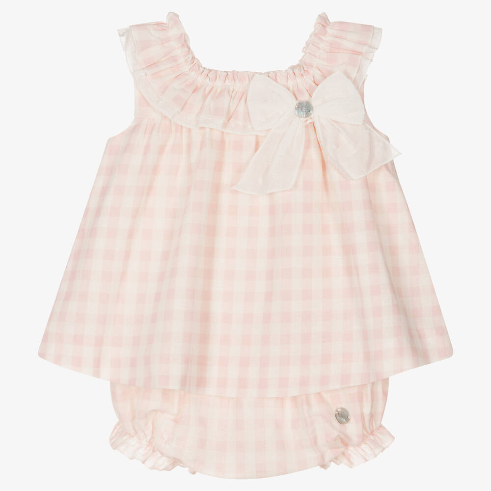 Artesanía Granlei - Rosa Vichykaro-Babykleid aus Leinen  | Childrensalon