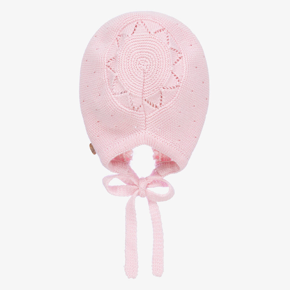 Artesanía Granlei-Baby Girls Pink Knit & Tulle Trim Bonnet | Childrensalon Outlet