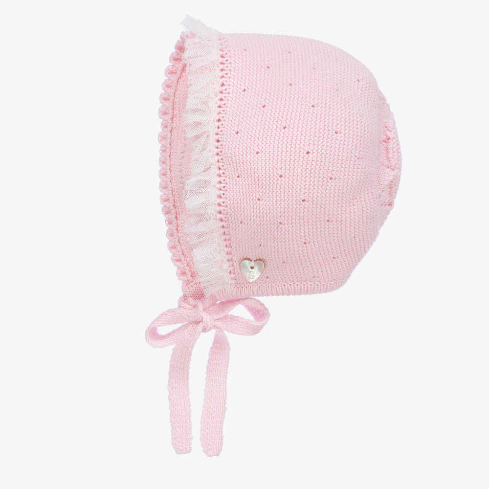 Artesanía Granlei-Baby Girls Pink Knit & Tulle Trim Bonnet | Childrensalon Outlet