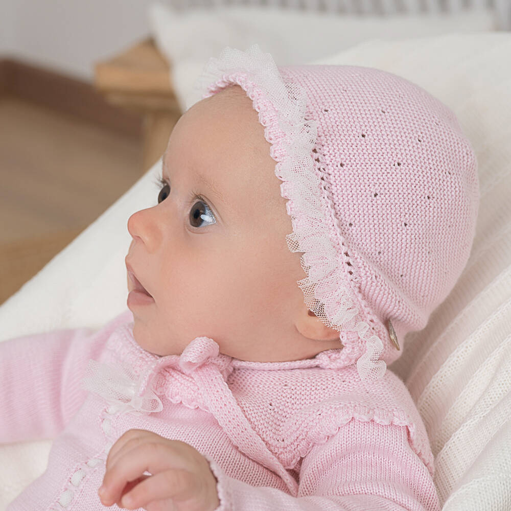 Artesanía Granlei-Baby Girls Pink Knit & Tulle Trim Bonnet | Childrensalon Outlet