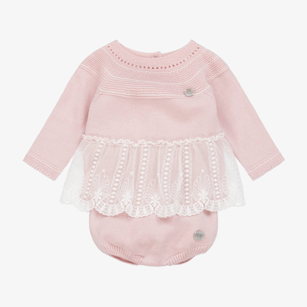 Artesanía Granlei-Baby Girls Pink Lace Trimmed Knitted Shorts Set | Childrensalon Outlet