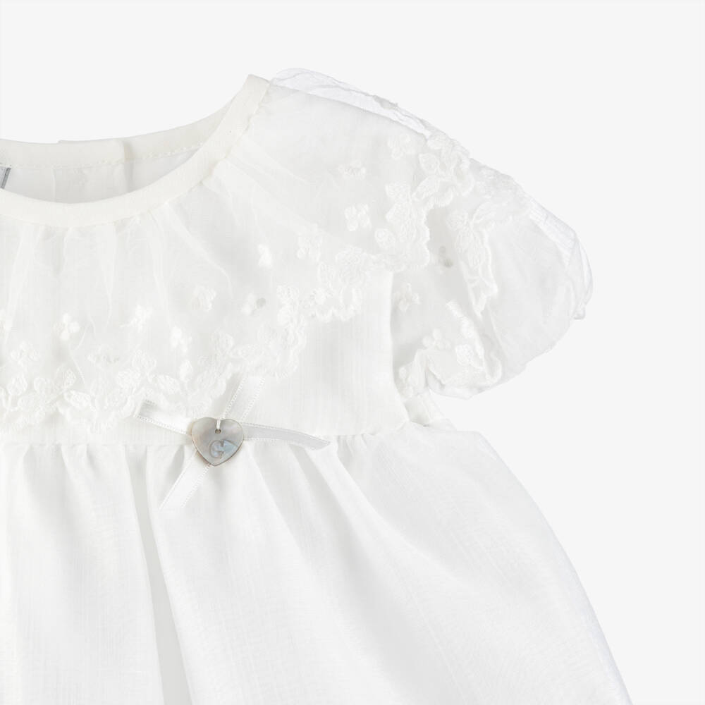 Artesanía Granlei-Baby Girls White Dress with Floral Lace Ruffle Collar | Childrensalon Outlet
