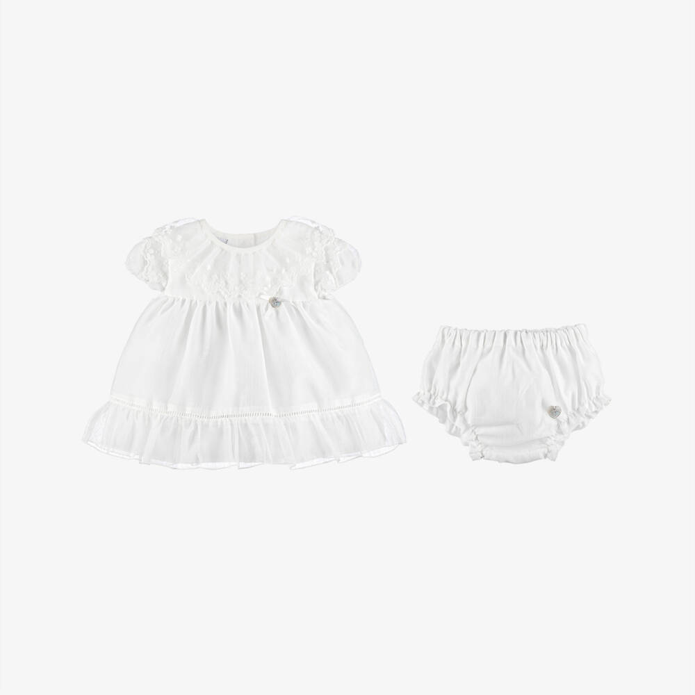 Artesanía Granlei-Baby Girls White Dress with Floral Lace Ruffle Collar | Childrensalon Outlet