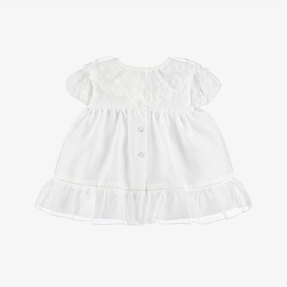 Artesanía Granlei-Baby Girls White Dress with Floral Lace Ruffle Collar | Childrensalon Outlet