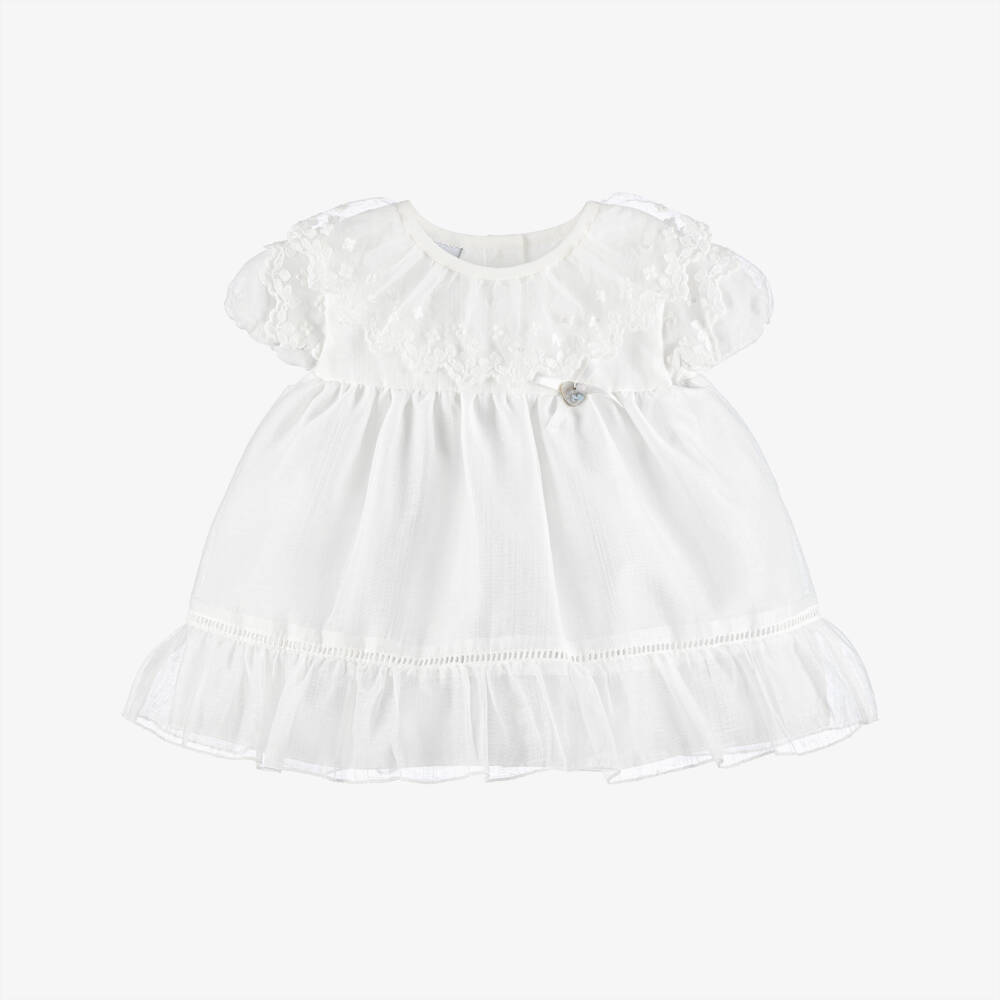 Artesanía Granlei-Baby Girls White Dress with Floral Lace Ruffle Collar | Childrensalon Outlet
