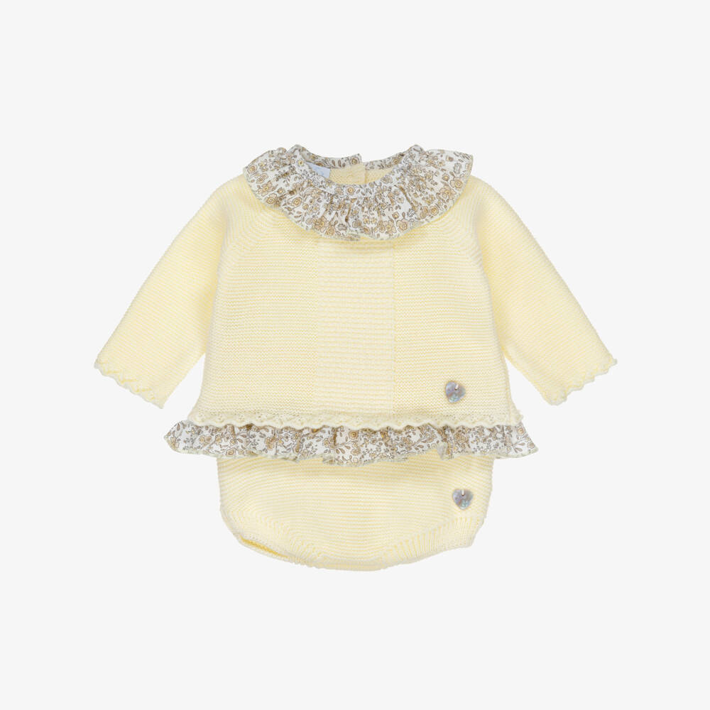 Artesanía Granlei-Baby Girls Yellow Knitted Shorts Set with Floral Trim | Childrensalon Outlet